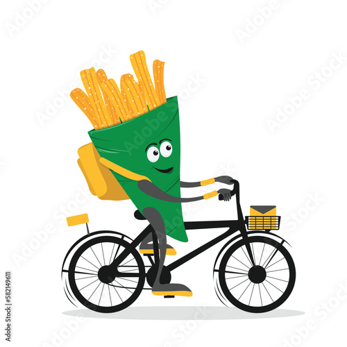 Delivery service composition with cute churros courier biker cartoon character. Churros courier on bike or scooter. Flat vector illustration