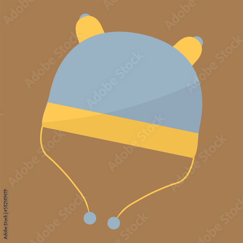 Vector illustration of yellow and blue baby cap with ties isolated on biege background. Hand drawing of a ute dotted bonnet hat for newborn baby.