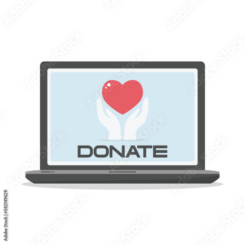 Make donations. Online donations. Isolated laptop with quick online donation page. Help concept. Vector illustration.