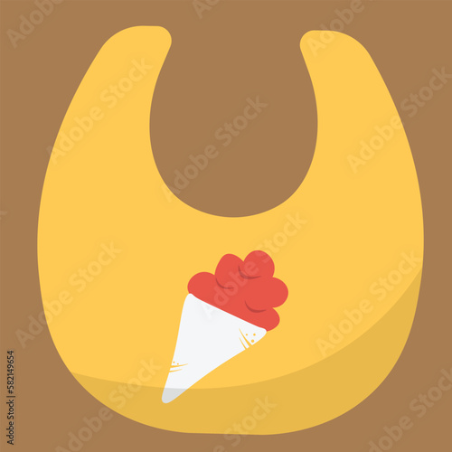 Cute baby bib clipart. Simple cute yellow bib for baby feeding flat vector illustration. Baby apron or bib with happy smile cloud character cartoon hand drawn. Kids, baby shower, nursery decoration
