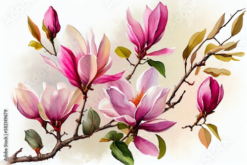 Watercolor Illustration of a Beautiful Pink Magnolia Flowers In The Spring  Art Illustration. Generative AI