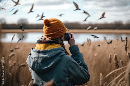 A photograph of a girl taking pictures of migratory birds by the lake. Generated by AI photo