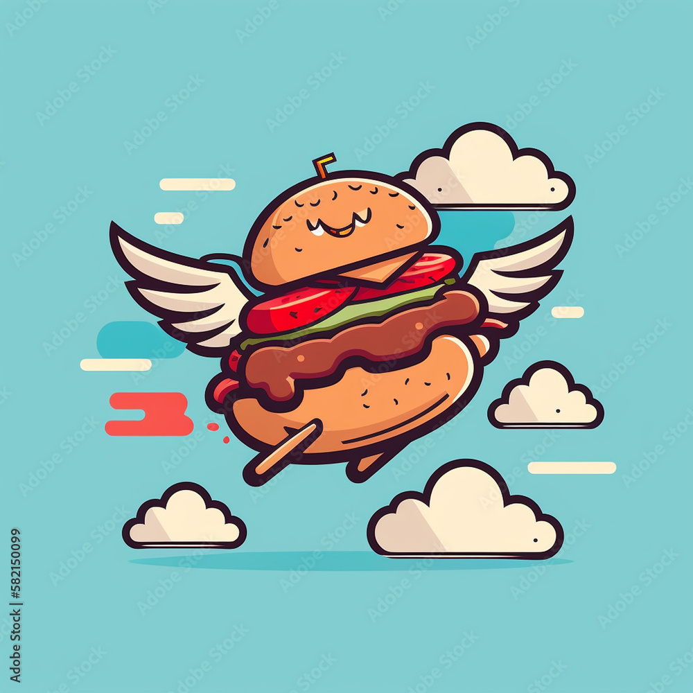 Cute flying burger with white wings, premium vector illustration, simple, smooth, flat cartoon design. Suitable for business design, banners, cards, advertising, Generative AI Cute flying burger with white wings, premium vector illustration, simple, smooth, flat cartoon design. Suitable for business design, banners, cards, advertising, Generative AI