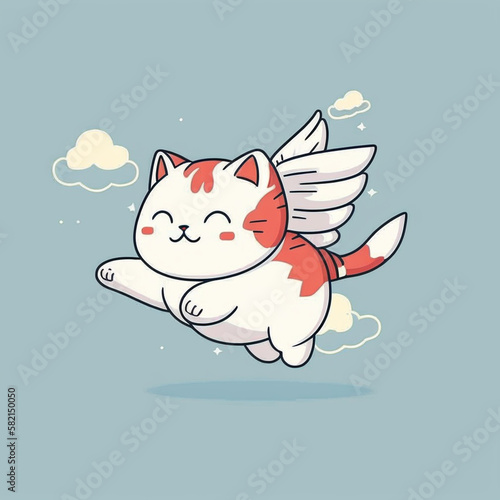 Cute flying cat wearing white wings, premium vector illustration, simple, smooth, flat cartoon design, Generative AI