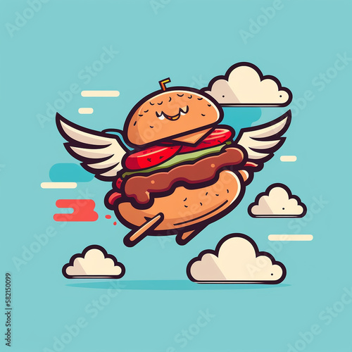 Cute flying burger with white wings, premium vector illustration, simple, smooth, flat cartoon design. Suitable for business design, banners, cards, advertising, Generative AI