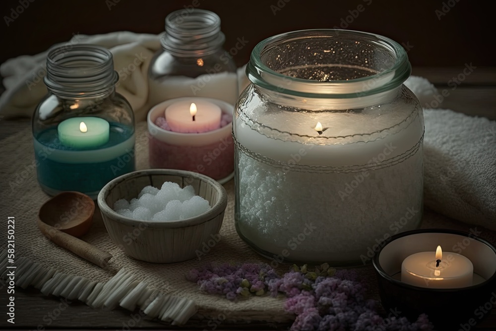 Iodized salt and aromatic herbs create a calming and relaxing composition. Generated by AI. Iodized salt and aromatic herbs create a calming and relaxing composition. Generated by AI.