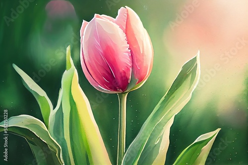 Watercolor Illustration of a Closed Up Fresh Soft Beautiful Pink Tulip Flower In The Garden Over Blur Green Nature Background. Generative AI