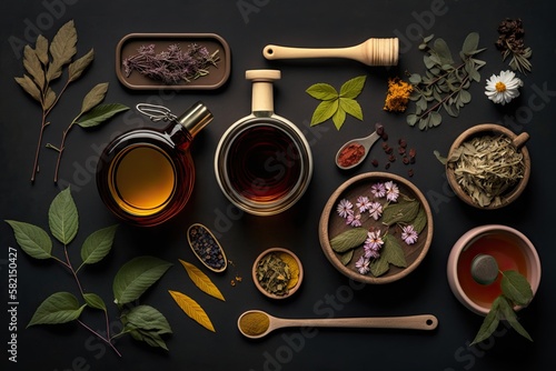 Herbal tea with various ingredients, beautiful illustration. Generated by AI.