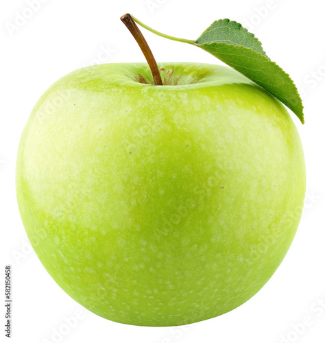 Single green apple fruit with green leaf isolated on transparent background. Granny smith apple. Full Depth of Field