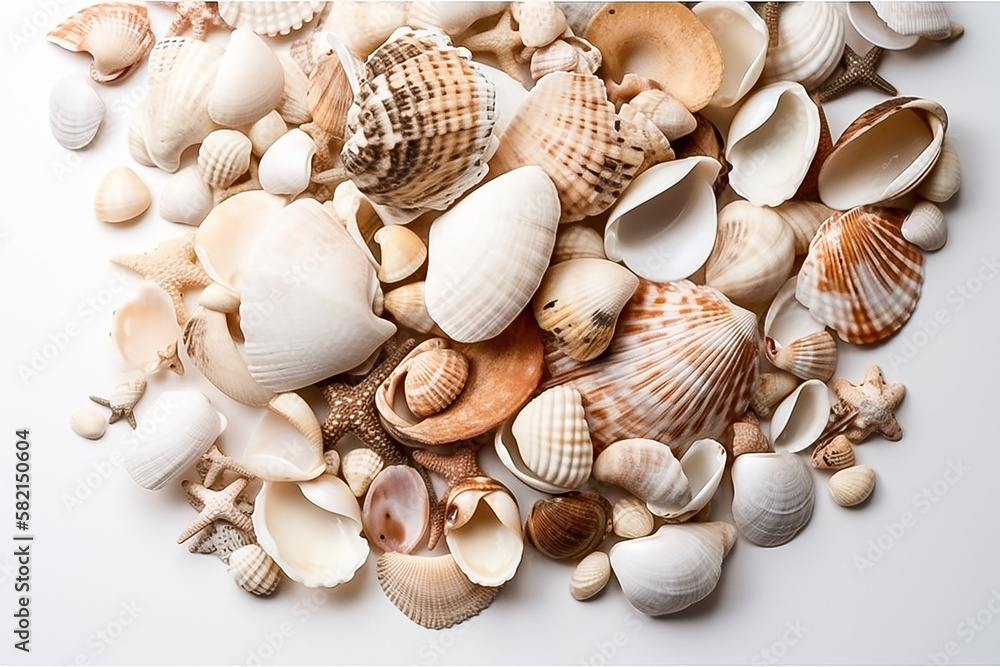 composition of exotic sea shells and starfish on a white background. top view,  Created using generative AI tools.