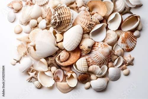 composition of exotic sea shells and starfish on a white background. top view   Created using generative AI tools.