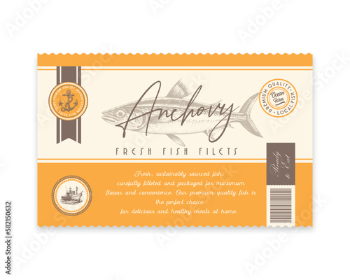 Premium Quality Anchovy Vector Packaging Label Design. Modern Typography and Hand Drawn Fish Silhouette Seafood Product Background Layout