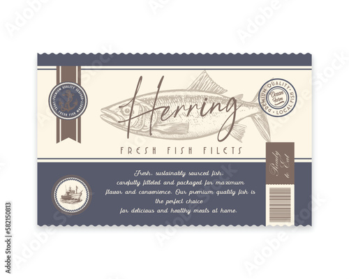 Premium Quality Herring. Abstract Vector Fish Packaging Design or Label. Modern Typography and Hand Drawn Herring Silhouette Background Layout.
