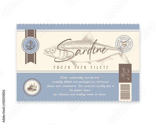 Premium Quality Sardine Vector Packaging Label Design. Modern Typography and Hand Drawn Fish Silhouette Seafood Product Background Layout