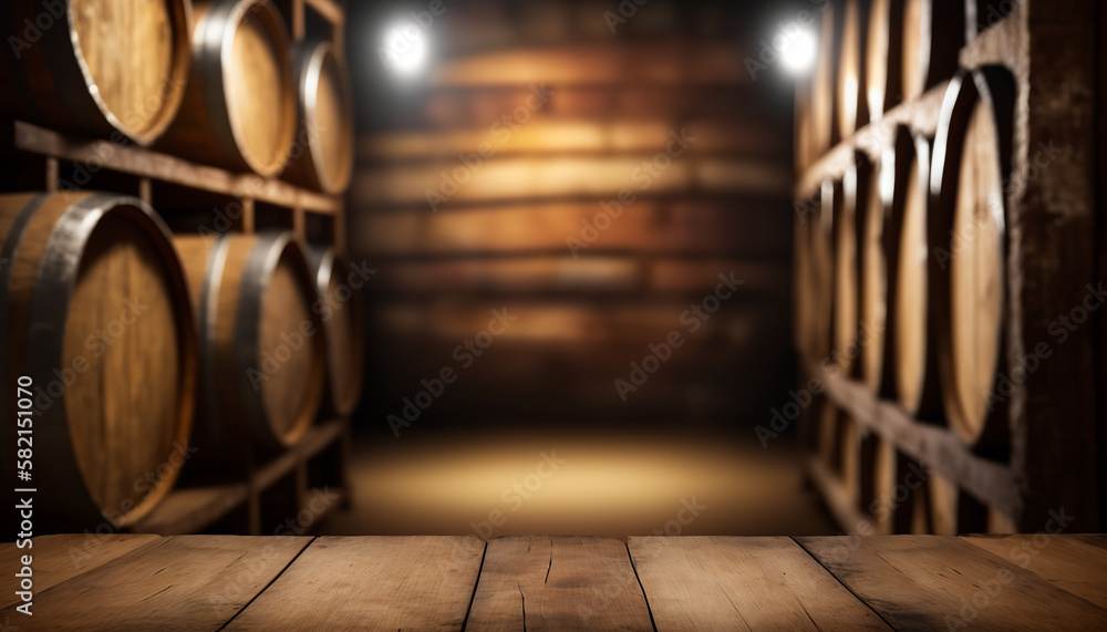 Empty wooden table top product display showcase stage. Wine cellar background. Generative AI