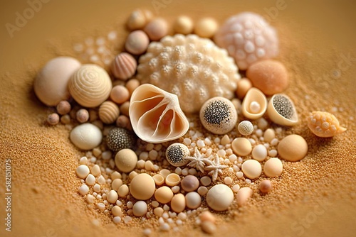Close-up shot of seashells on a sandy beach. Generated by AI.
