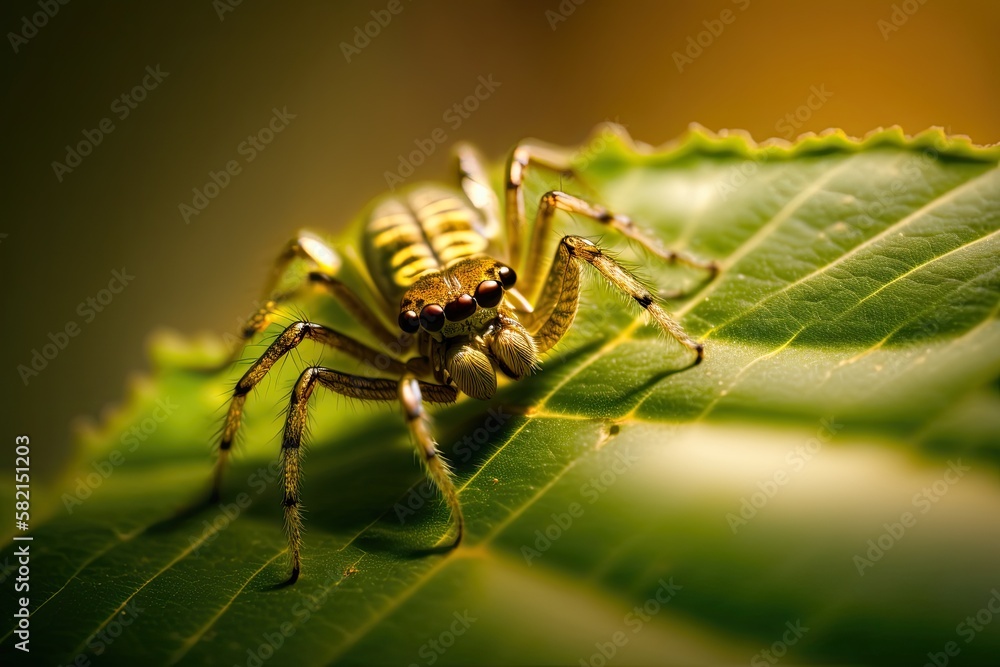 Fototapeta premium Close-up shot of a cute spider sitting on a leaf. Generated by AI.