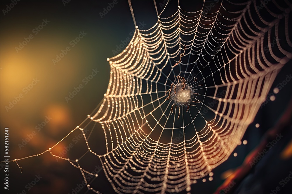 Macro shot of a spiderweb in the wild with a blurred background. Generated by AI.