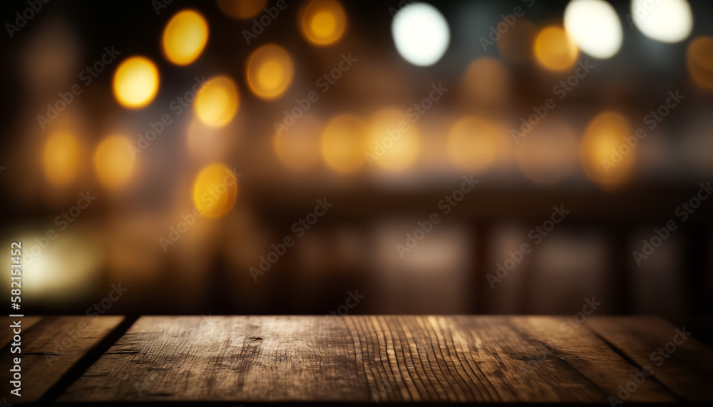 Empty wooden table top product display showcase stage. Bokeh background, neon ligh. Generative AI