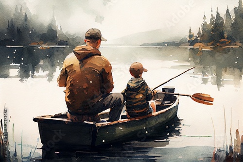 Watercolor Illustration of a Father And Son Fishing Together On Lake Painting. Generative AI