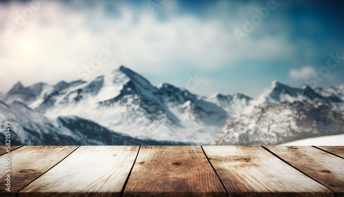 Empty wooden table top product display showcase stage. Snowy Alps mountains background. Generative AI © AIExplosion