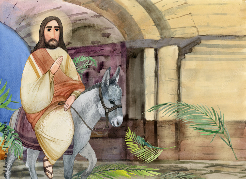 Stockillustratie Watercolor illustration of Palm Sunday: Jesus Christ ...
