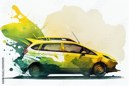 Watercolor Illustration of a Futuristic EcoFriendly Electric Green Energy Yellow Taxi Cab Automobile. Generative AI