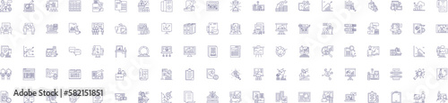 Reports line icons signs set. Design collection of Records, Surveys, Findings, Evaluations, Accounts, Analyses, Summaries, Data outline concept vector illustrations