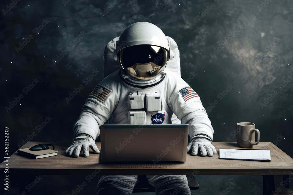 Astronaut sitzt an einem Schreibtisch und arbeitet am Laptop - Generative AI - obrazy, fototapety, plakaty 