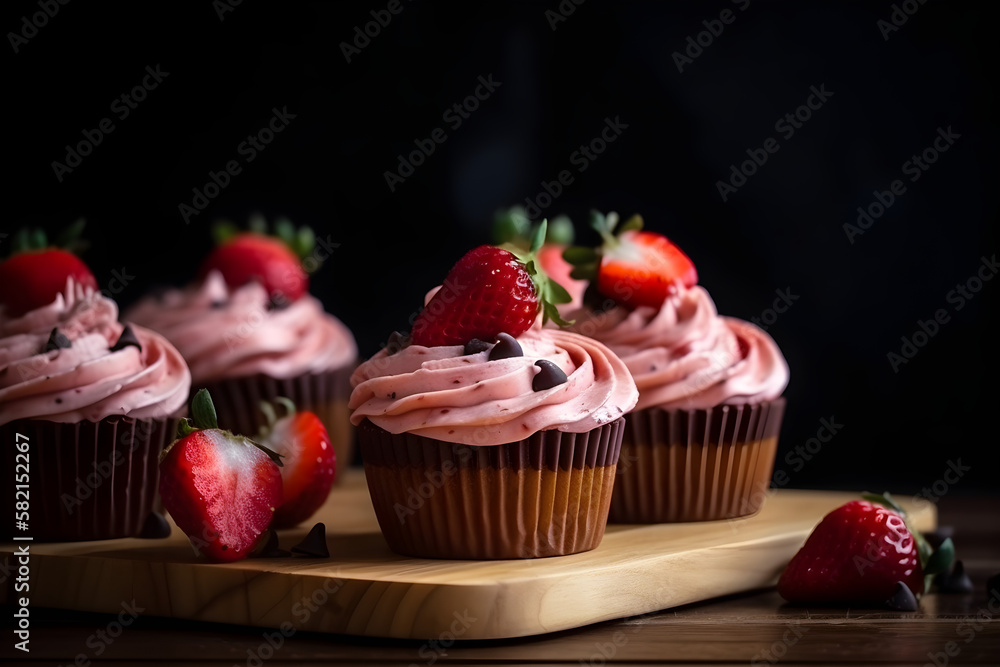Delectable Strawberry Cupcakes with Sweet Strawberry Garnish on a Rustic Wooden Surface