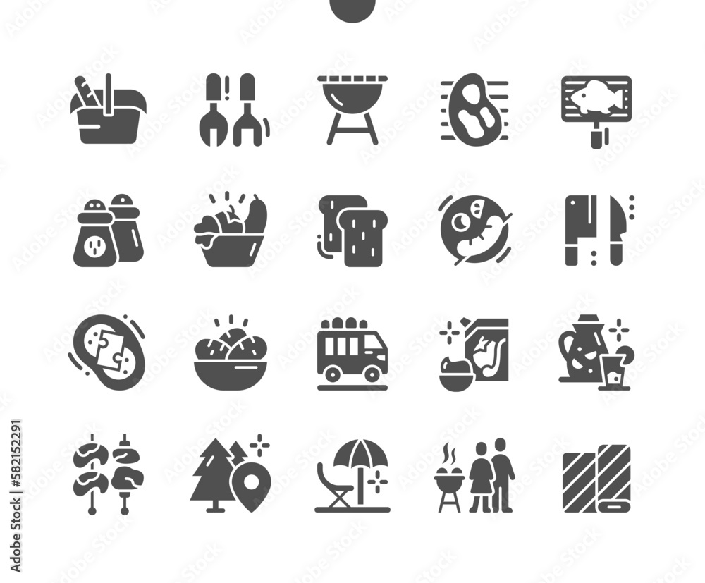 Picnic elements. Grill cutlery. Holiday, outdoors, vacation and weekend. Grill food and cooking. Tourist trailer. Vector Solid Icons. Simple Pictogram Picnic elements. Grill cutlery. Holiday, outdoors, vacation and weekend. Grill food and cooking. Tourist trailer. Vector Solid Icons. Simple Pictogram