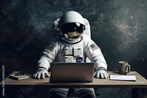 Fotografia Astronaut sitzt an einem Schreibtisch und arbeitet am Laptop - Generative AI
