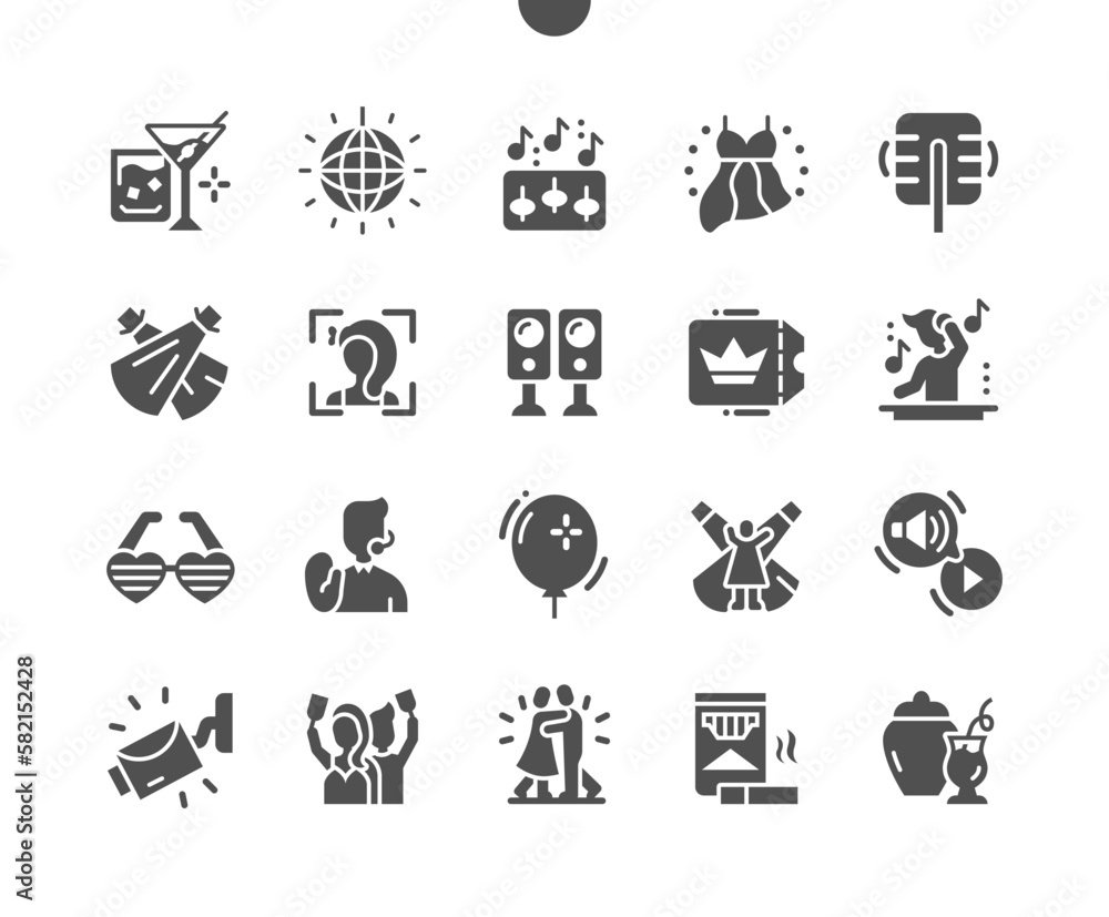Nightclub. Spotlights and dancing. Video surveillance. Party and celebration. People in club. Vector Solid Icons. Simple Pictogram