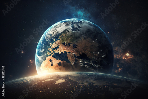 Beautiful Earth in space, with flush of sun and stars. Sphere of nightly Earth planet in outer space. AI Generative photo