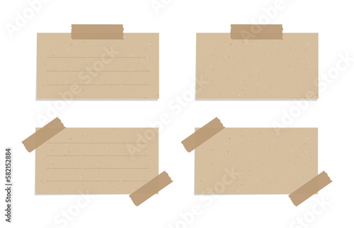 Aesthetic vintage brown paper note set. Recycled memo paper with adhesive tape vector illustration.