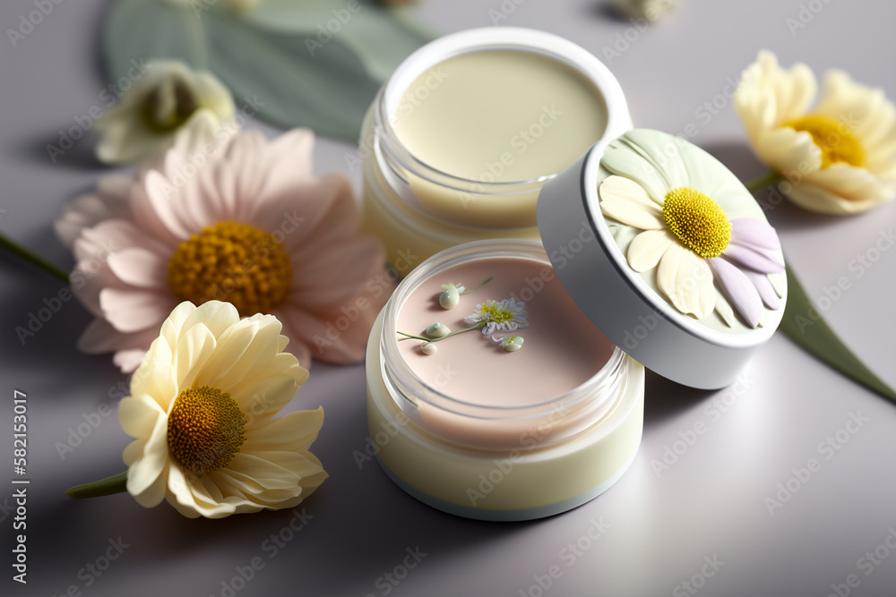 Natural organic eco cosmetics in open jars with blooming flowers, beauty and SPA theme. Cosmetic containers with cream or lotion, natural ingredients, face care concept. AI generated image. Natural organic eco cosmetics in open jars with blooming flowers, beauty and SPA theme. Cosmetic containers with cream or lotion, natural ingredients, face care concept. AI generated image.