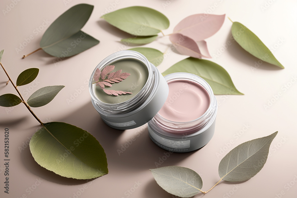 Eco friendly cosmetics decorated with green leaves, organic facial skincare, makeup and skin care cosmetic items. AI generated image. - obrazy, fototapety, plakaty 