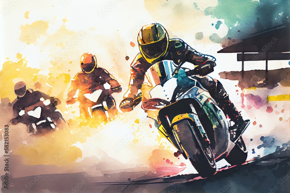 Watercolor Illustration of a Motorcycling Racing On Race Track , Motor Sports Competitive Racing. Generative AI