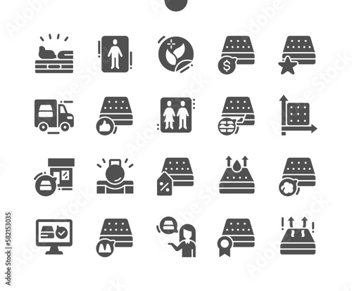 Mattress shop and store. Buy, price and product reviews. Sleeping mattress. Water repellent materials. Eco friendly. Vector Solid Icons. Simple Pictogram