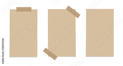 Taped vintage brown torn paper illustration template set. Recycled memo note paper with adhesive tape.