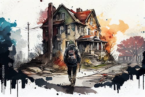 Watercolor Illustration of a Person Walking Through Neighborhood With BoardedUp And Abandoned Buildings, Concept Of Urban Decay And Gentrification,. Generative AI photo