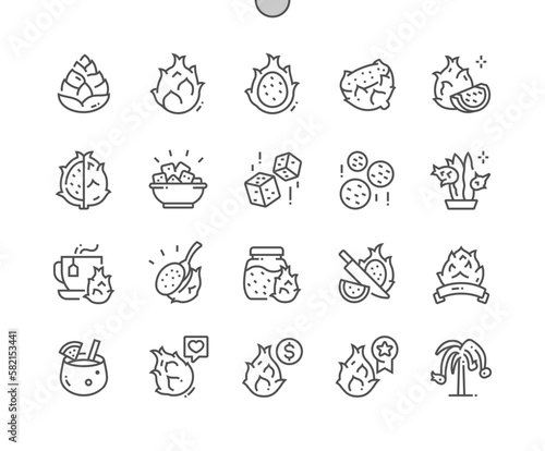 Dragon fruit. Summer tropical fruit. Cut half and whole pitaya. Food shop, supermarket. Pixel Perfect Vector Thin Line Icons. Simple Minimal Pictogram