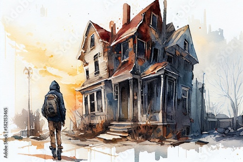 Watercolor Illustration of a Person Walking Through Neighborhood With BoardedUp And Abandoned Buildings, Concept Of Urban Decay And Gentrification,. Generative AI photo