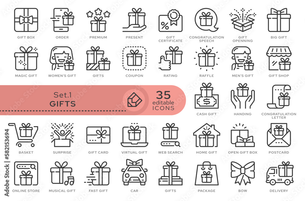 Set of conceptual icons. Vector icons in flat linear style for web sites, applications and other graphic resources. Set from the series - Gift and Present. Editable outline icon. Set of conceptual icons. Vector icons in flat linear style for web sites, applications and other graphic resources. Set from the series - Gift and Present. Editable outline icon.