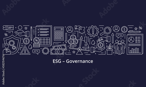 ESG Governance concepts, icons set. Banner. Template. Vector illustration isolated on a dark background