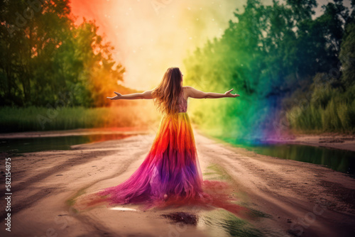 Woman in forest with rainbow colured power spraying from her hands. Generative Ai.