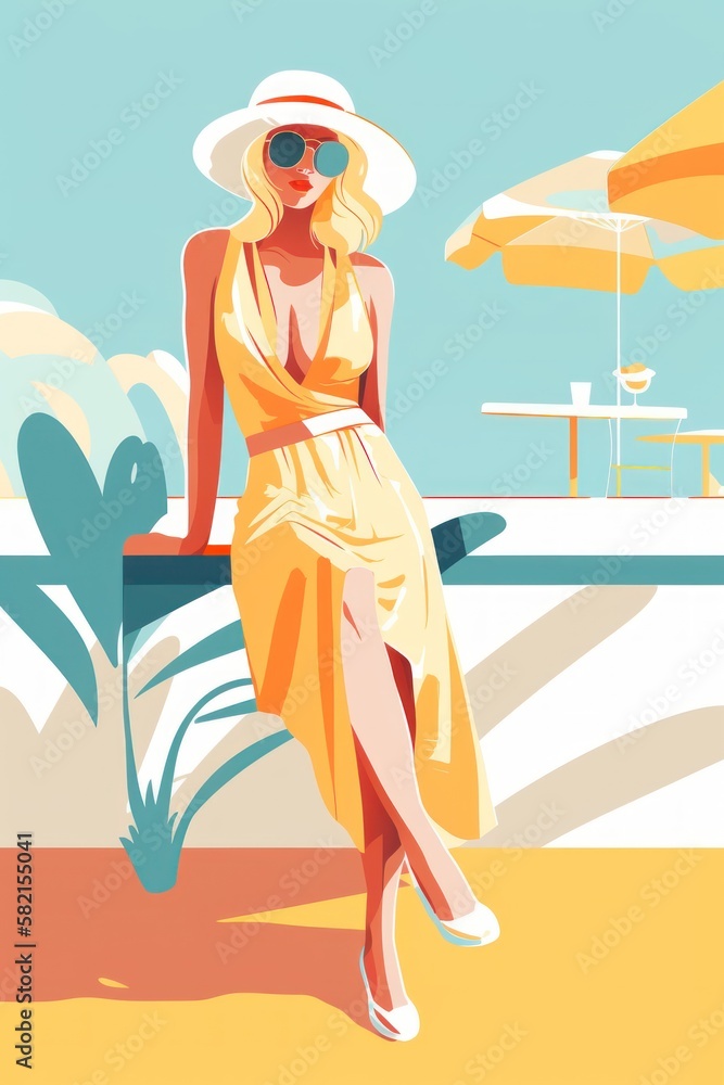 Blonde woman sit in tropical caffee. Hot summer. Cyan and yellow. Flat illustration. Vertical. Part of series. Travel of vacation concept. Generative AI
