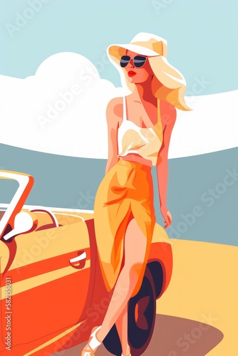 Blonde woman stay near cabriolet. Hot summer. Cyan and yellow. Flat illustration. Vertical. Part of series. Travel of vacation concept. Generative AI