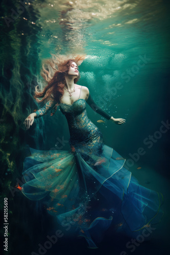 Ethereal mermaid swimming underneath the Turqoise sea in a flowing colourful dress. Generative Ai