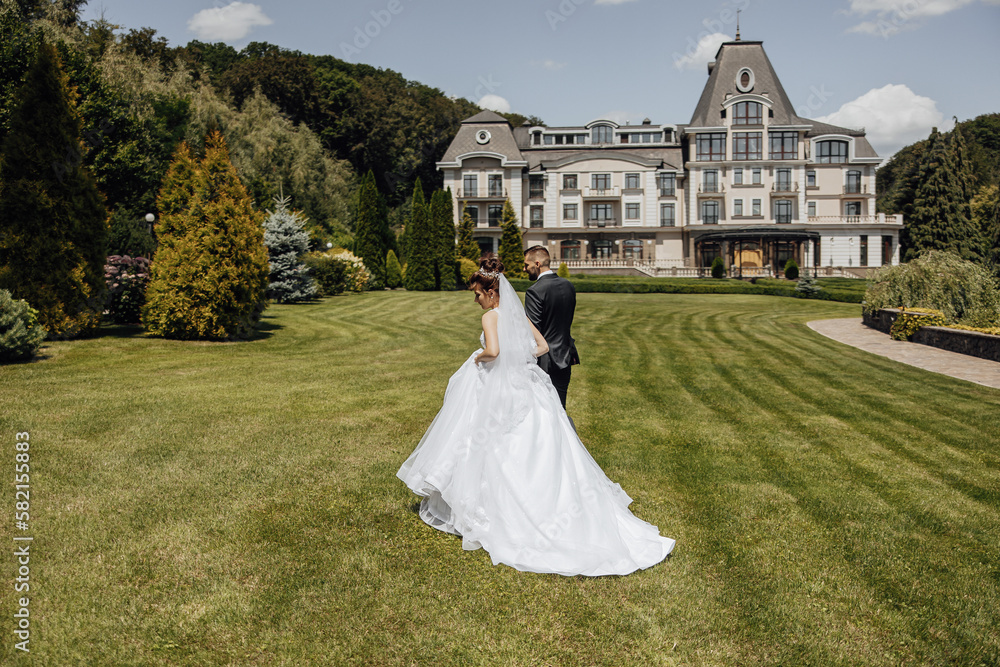 The bride and groom the walk through a picturesque field on the wedding day in the background of a wonderful forest and expensive hotel The bride and groom the walk through a picturesque field on the wedding day in the background of a wonderful forest and expensive hotel